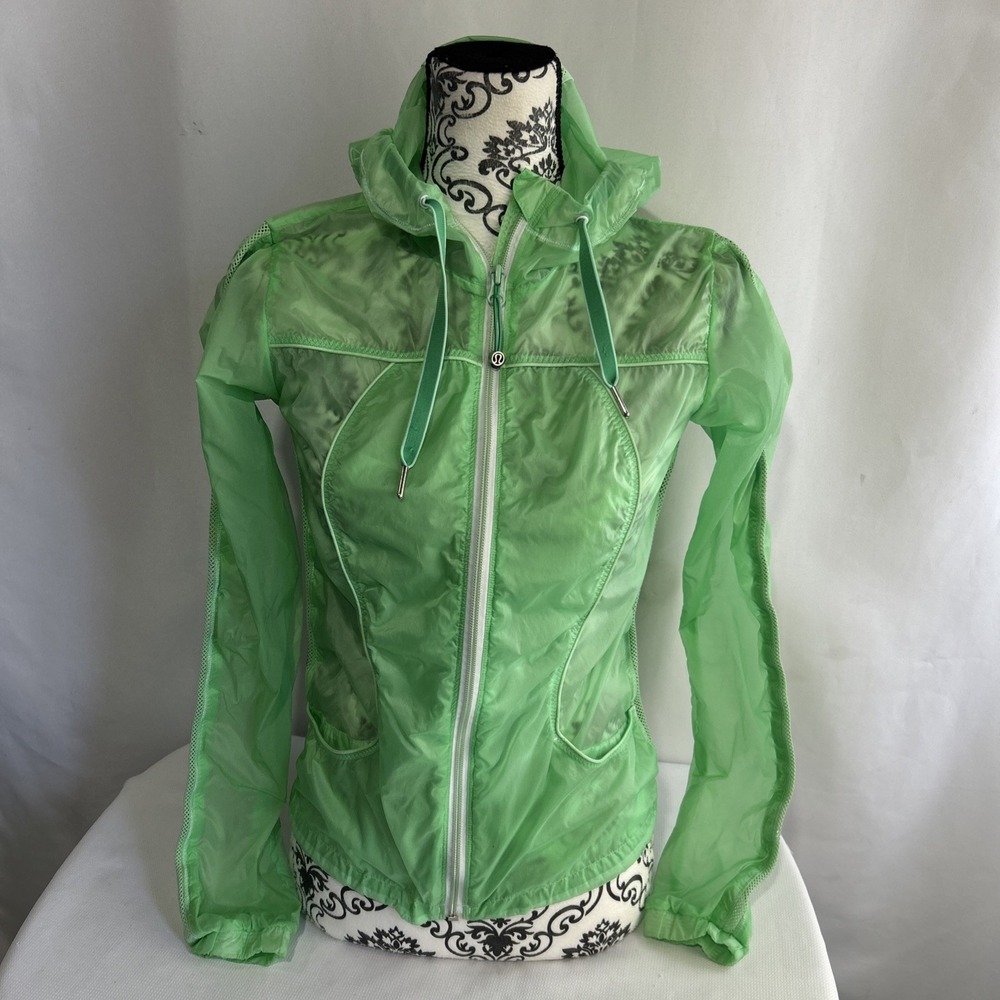 Lululemon Athletic Transparent Jacket Women's Sz 4? Green Hooded Zip Activewear